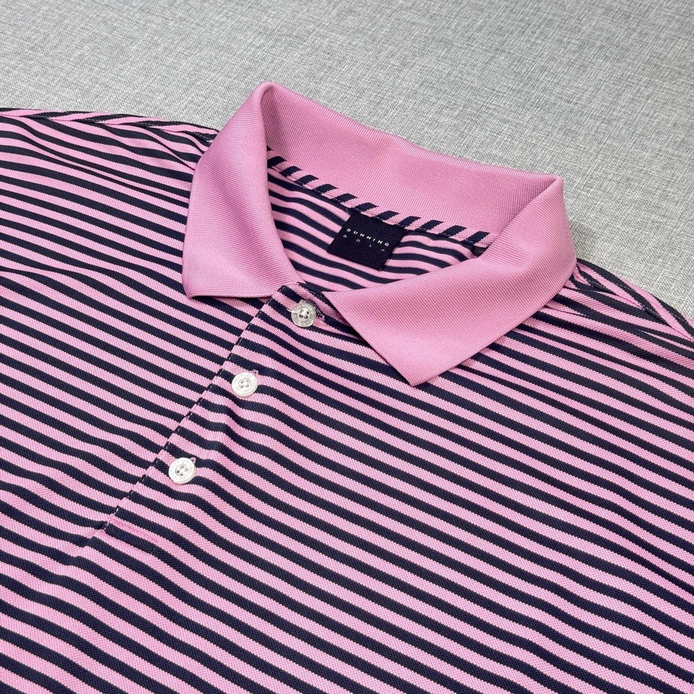 Dunning Golf Polo Shirt Mens Medium Pink Blue Striped Polyester Golf Performance
